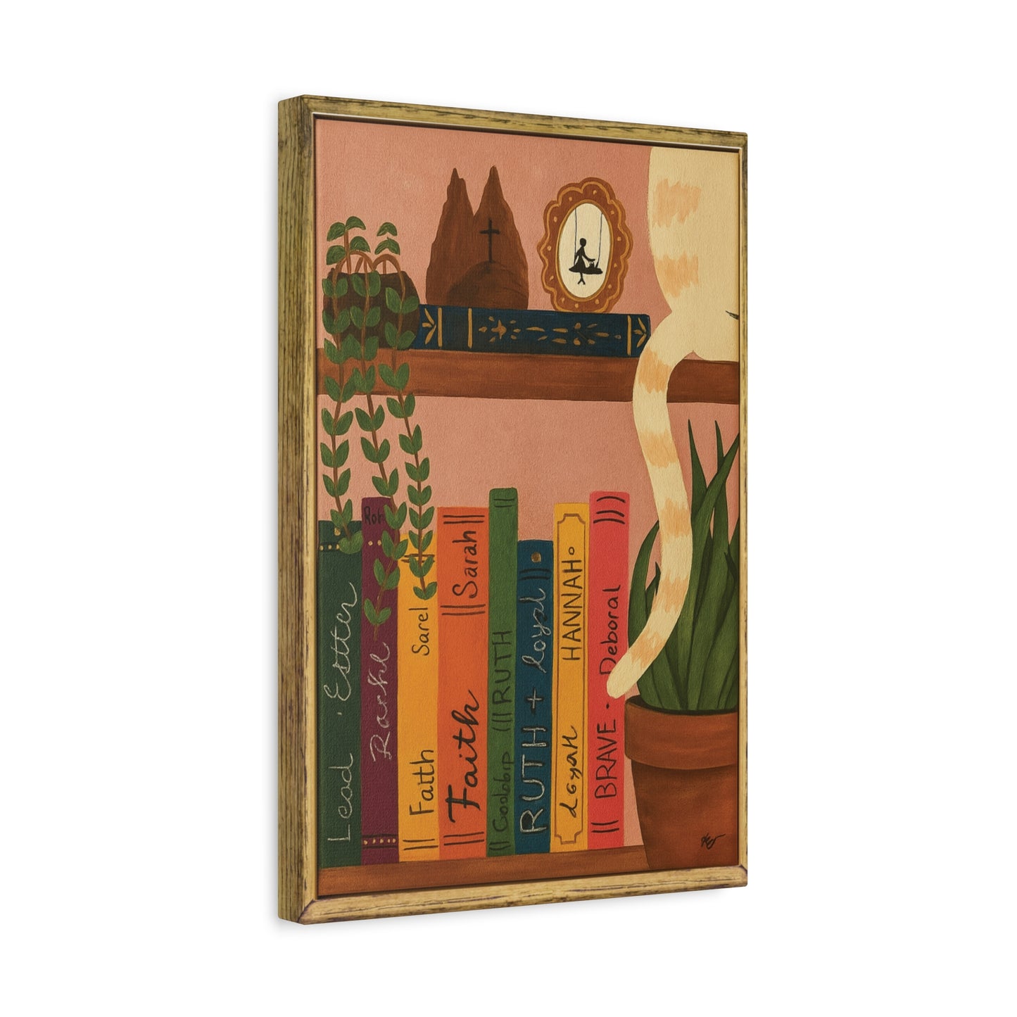 Canvas Wall Art - Cat on a Bookshelf Painting Faith Women in the Bible - Bookshelf Art, Cat Art, Cat Decor