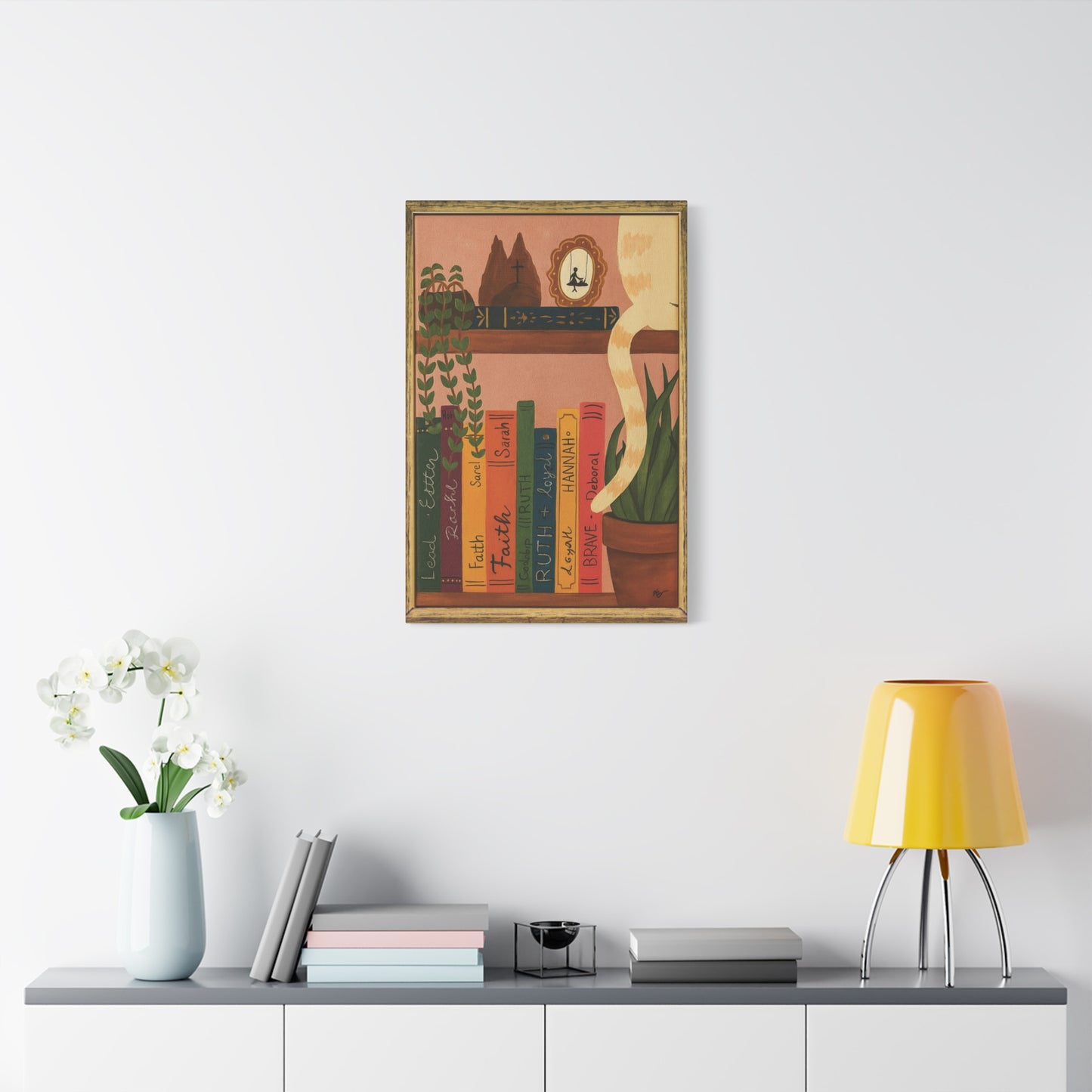 Canvas Wall Art - Cat on a Bookshelf Painting Faith Women in the Bible - Bookshelf Art, Cat Art, Cat Decor