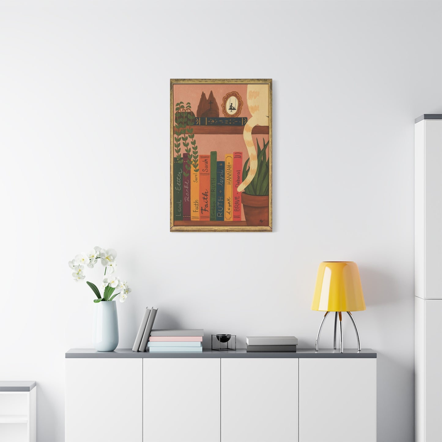 Canvas Wall Art - Cat on a Bookshelf Painting Faith Women in the Bible - Bookshelf Art, Cat Art, Cat Decor
