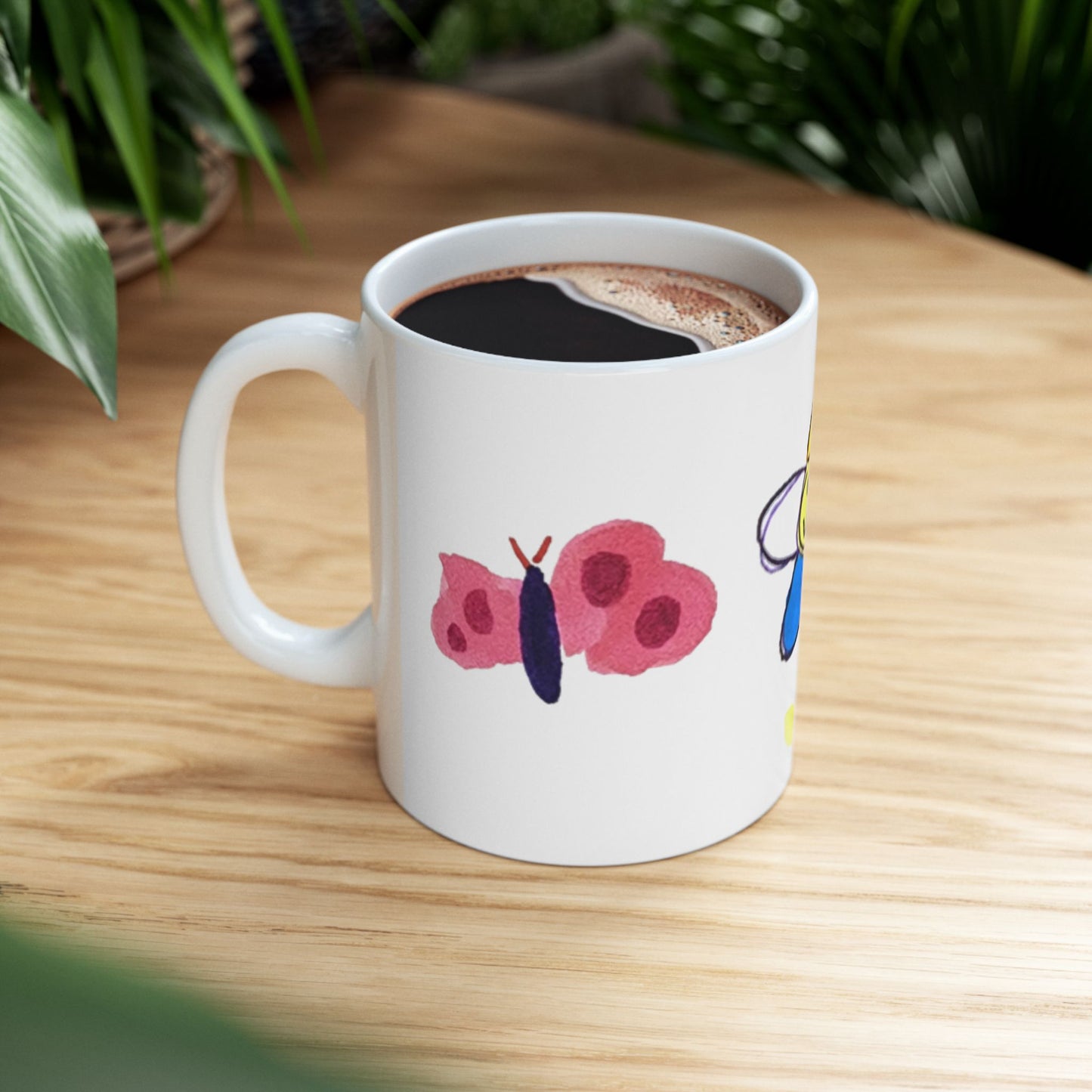 Mug - Whimsical Flower Heart Butterfly Drawn by 5 Year Old Girl - 5 Year Old Art, Adorable Ceramics, Butterfly Design