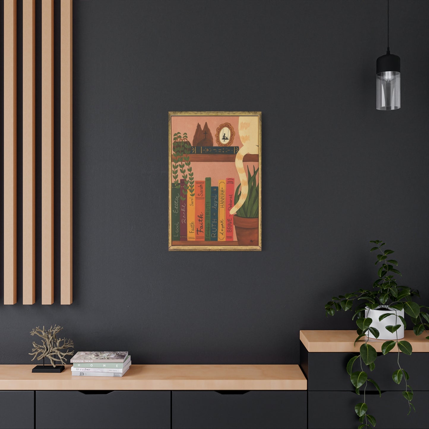 Canvas Wall Art - Cat on a Bookshelf Painting Faith Women in the Bible - Bookshelf Art, Cat Art, Cat Decor