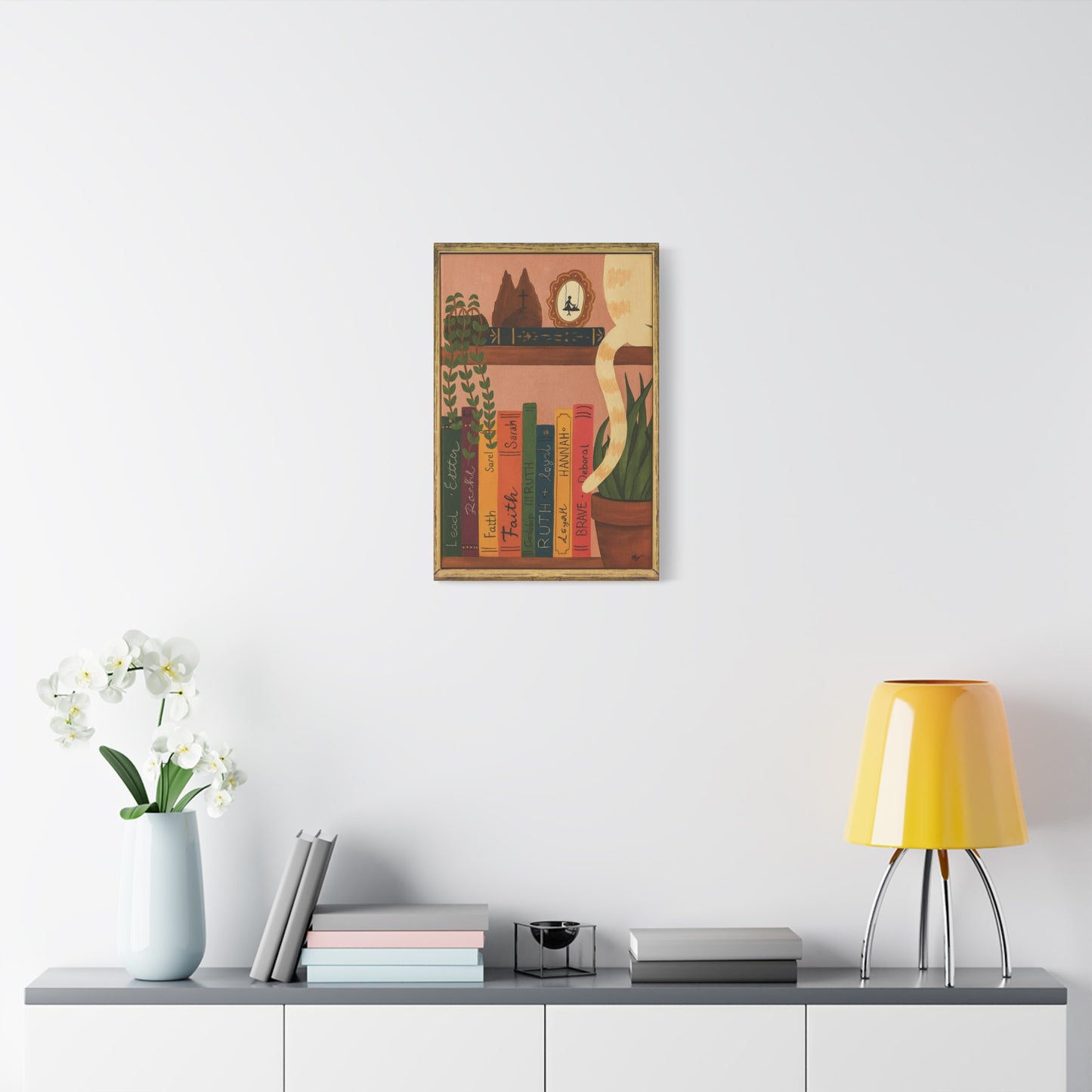 Canvas Wall Art - Cat on a Bookshelf Painting Faith Women in the Bible - Bookshelf Art, Cat Art, Cat Decor