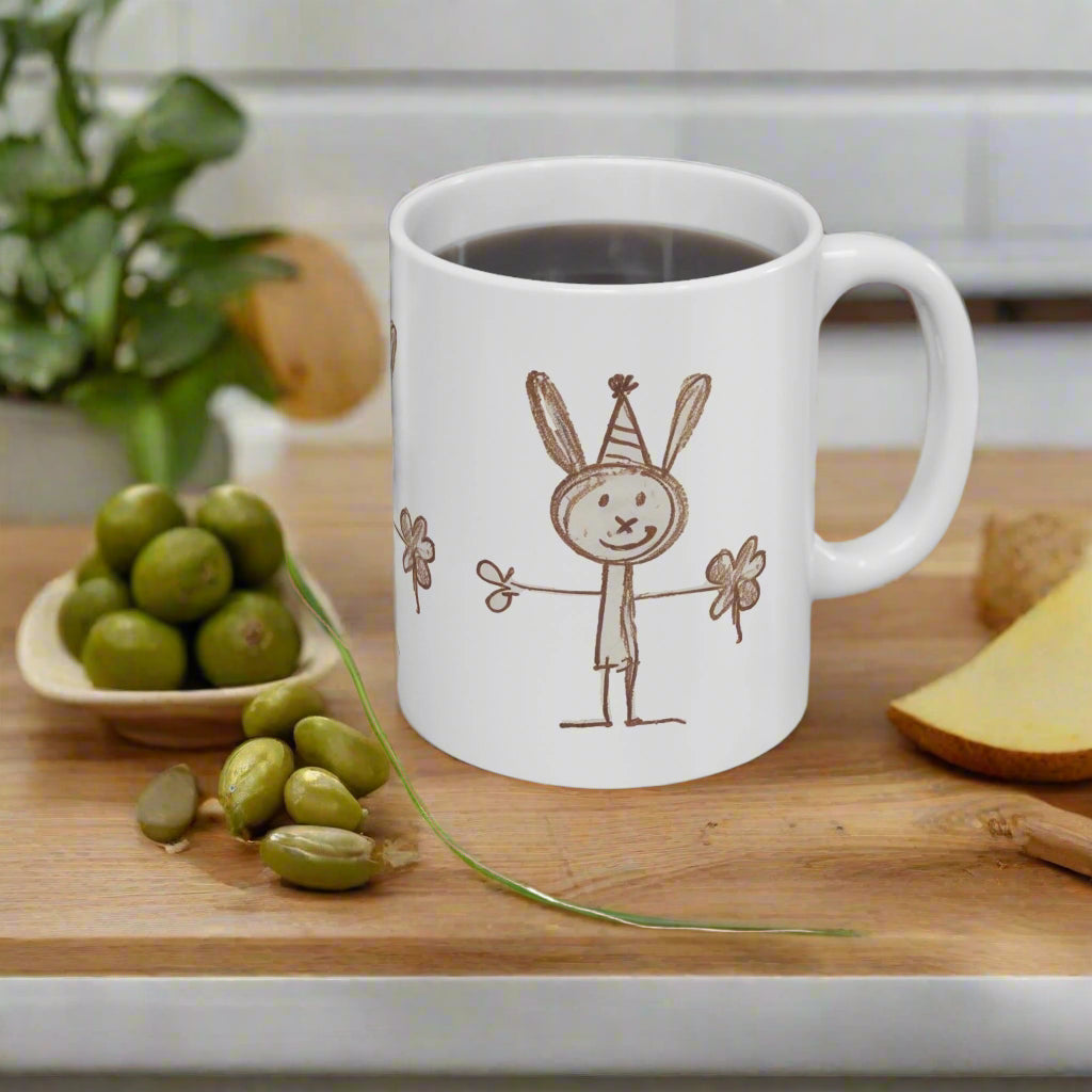 Childlike Bunny Mug, Adorable Rabbit Cup, Playful Animal Coffee Mug, Cute Bunny Tea Mug, Whimsical Ceramic Mug - Animal Mug, Brown Crayon Drawing, Bunny Mug