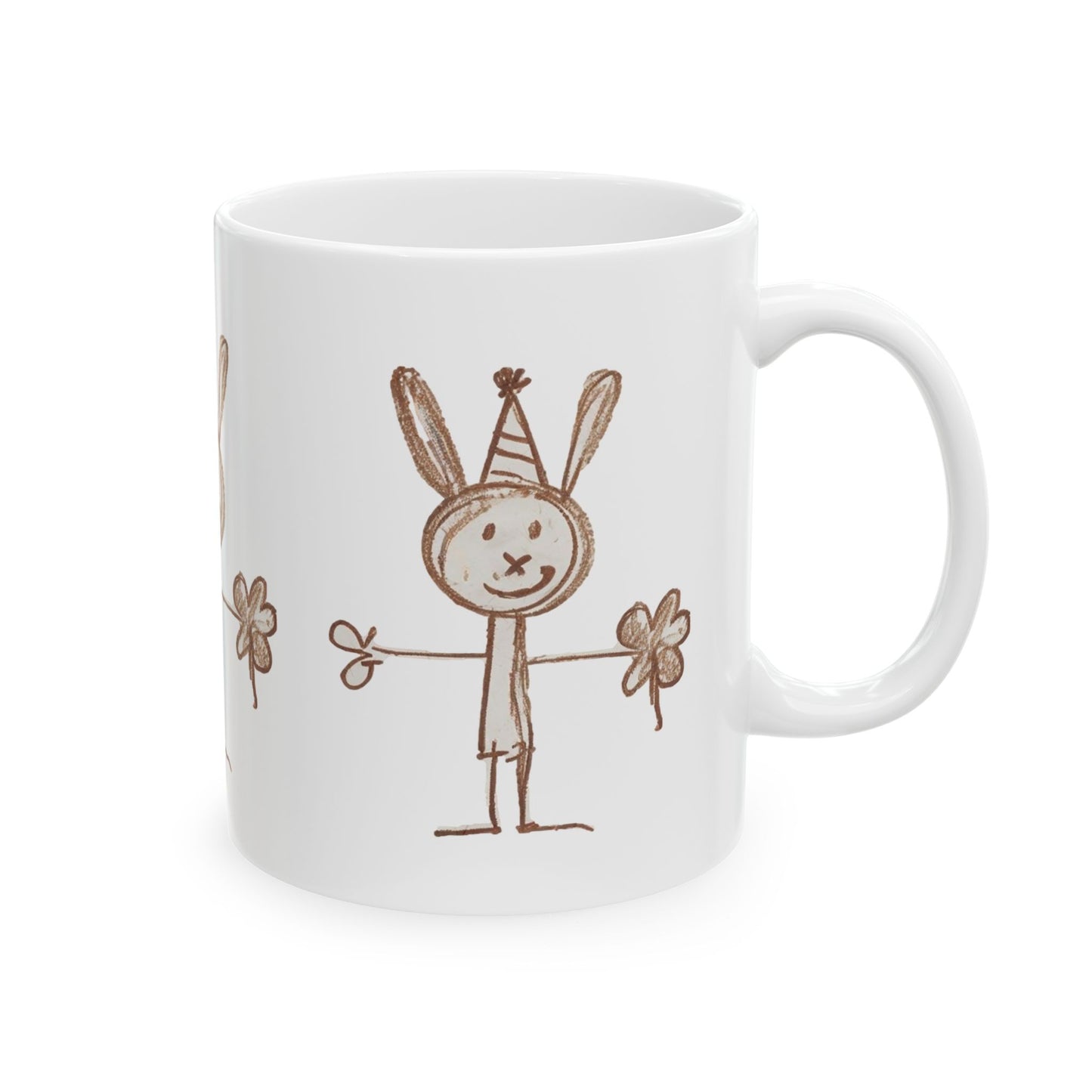 Childlike Bunny Mug, Adorable Rabbit Cup, Playful Animal Coffee Mug, Cute Bunny Tea Mug, Whimsical Ceramic Mug - Animal Mug, Brown Crayon Drawing, Bunny Mug