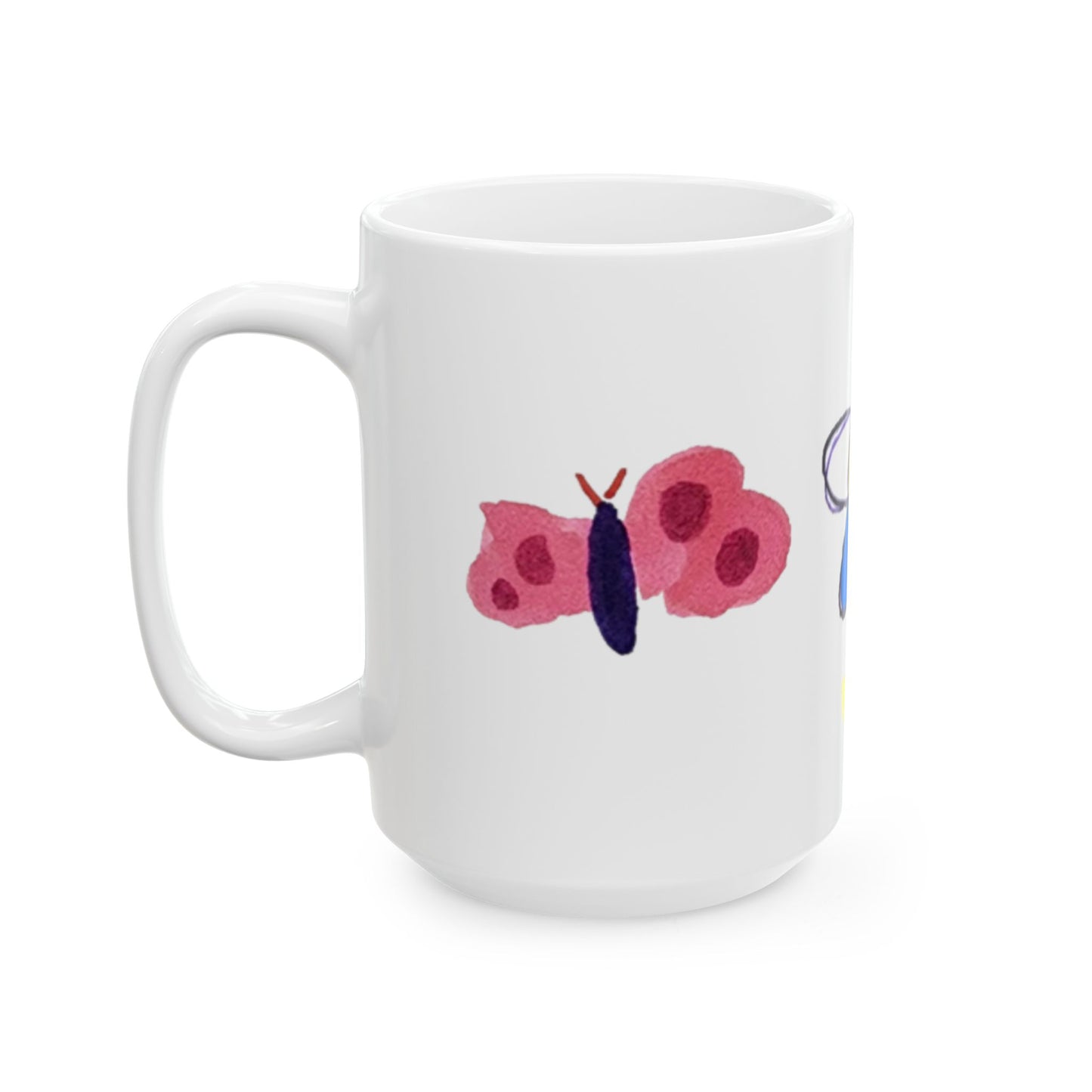 Mug - Whimsical Flower Heart Butterfly Drawn by 5 Year Old Girl - 5 Year Old Art, Adorable Ceramics, Butterfly Design