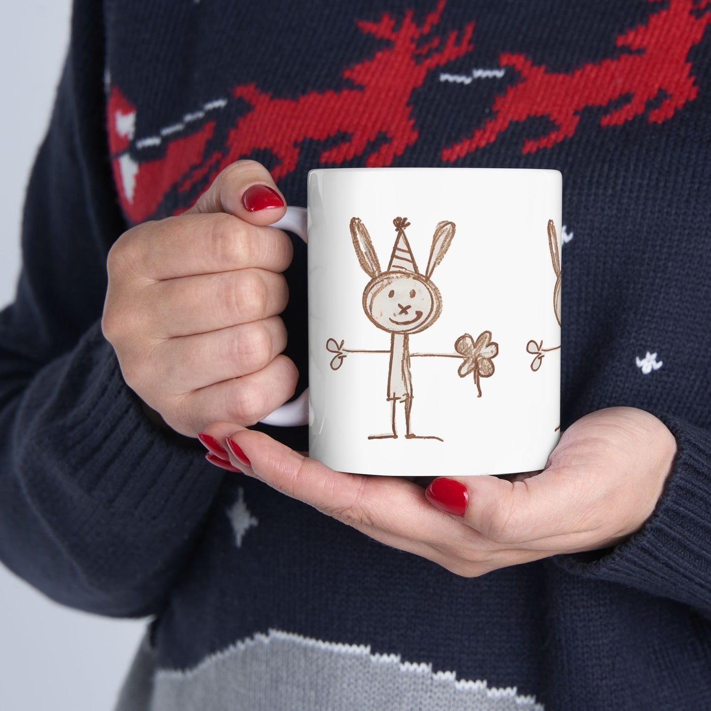 Childlike Bunny Mug, Adorable Rabbit Cup, Playful Animal Coffee Mug, Cute Bunny Tea Mug, Whimsical Ceramic Mug - Animal Mug, Brown Crayon Drawing, Bunny Mug