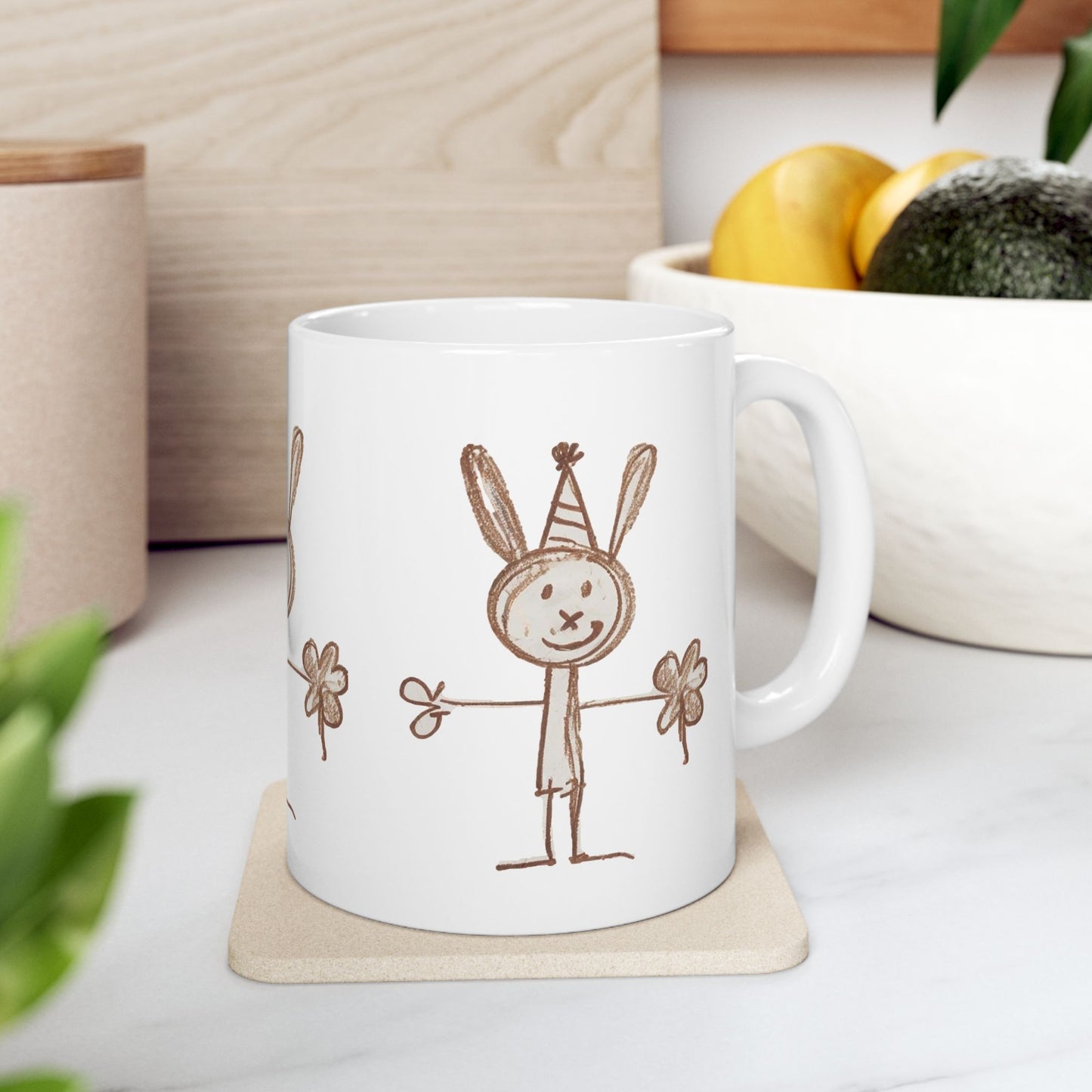 Childlike Bunny Mug, Adorable Rabbit Cup, Playful Animal Coffee Mug, Cute Bunny Tea Mug, Whimsical Ceramic Mug - Animal Mug, Brown Crayon Drawing, Bunny Mug