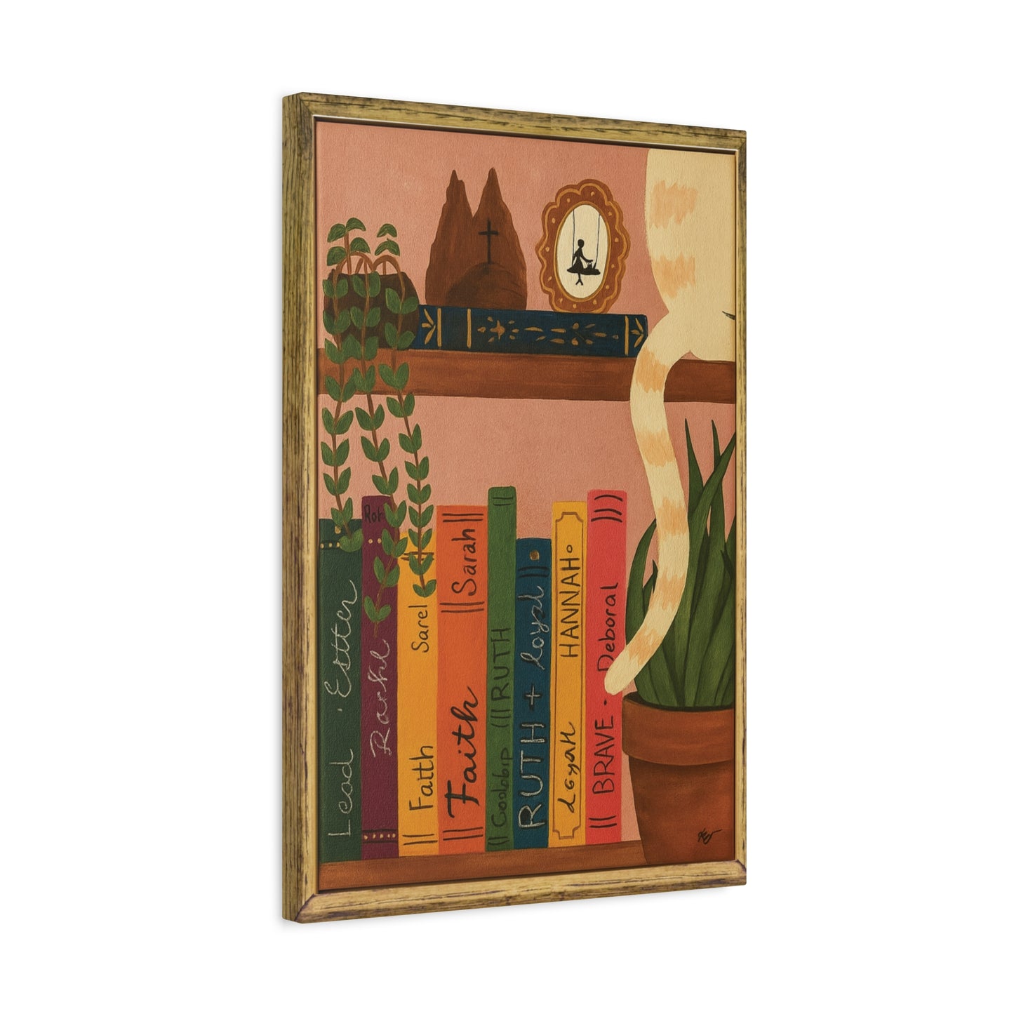 Canvas Wall Art - Cat on a Bookshelf Painting Faith Women in the Bible - Bookshelf Art, Cat Art, Cat Decor
