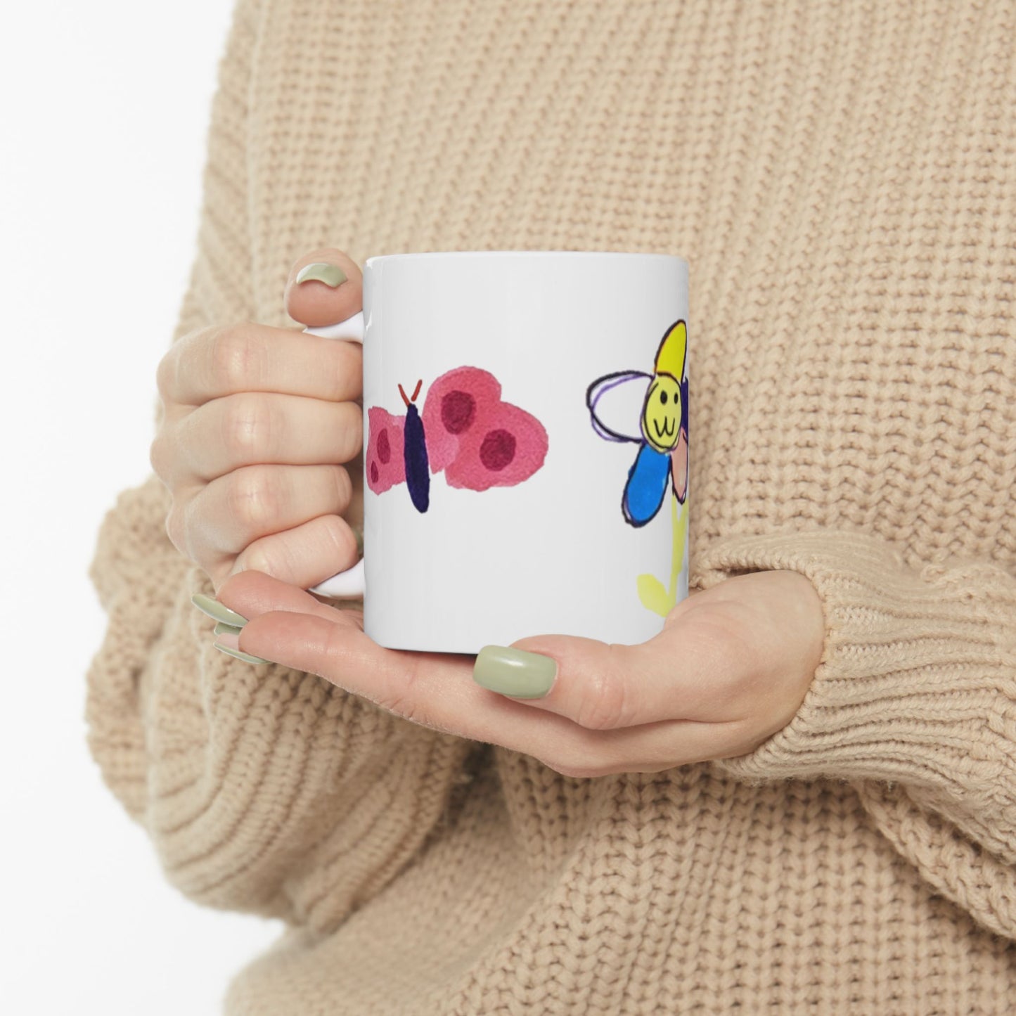 Mug - Whimsical Flower Heart Butterfly Drawn by 5 Year Old Girl - 5 Year Old Art, Adorable Ceramics, Butterfly Design
