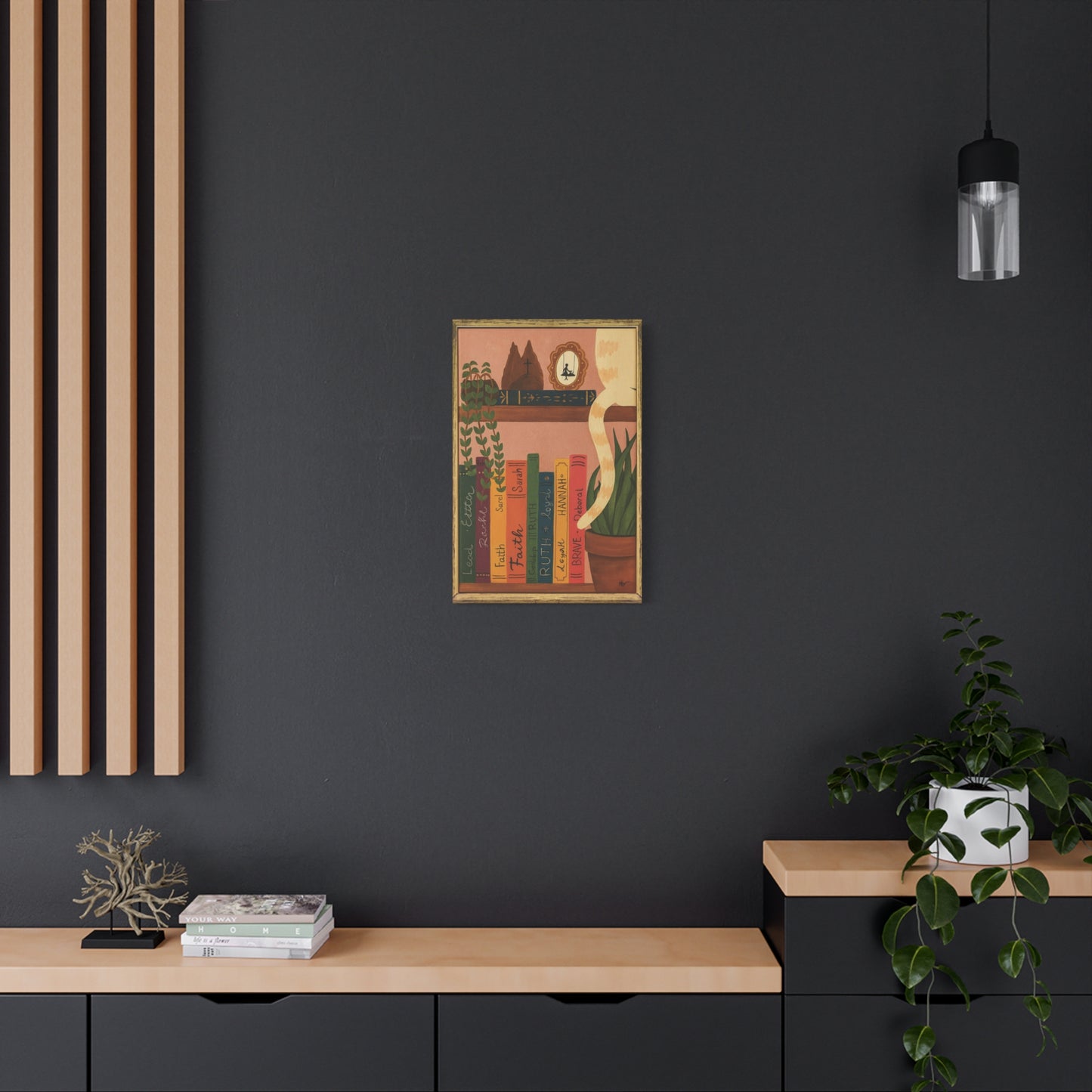 Canvas Wall Art - Cat on a Bookshelf Painting Faith Women in the Bible - Bookshelf Art, Cat Art, Cat Decor