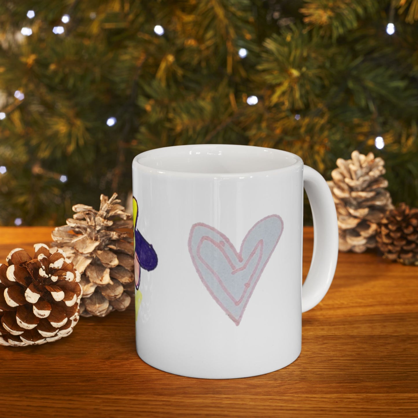 Mug - Whimsical Flower Heart Butterfly Drawn by 5 Year Old Girl - 5 Year Old Art, Adorable Ceramics, Butterfly Design