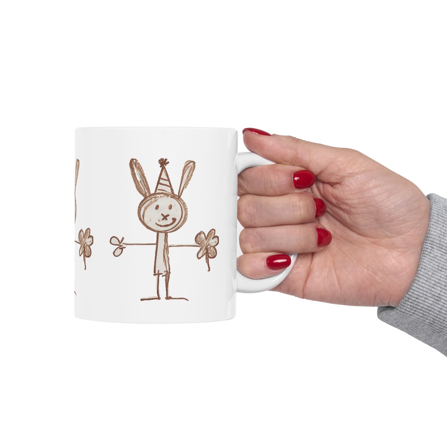 Childlike Bunny Mug, Adorable Rabbit Cup, Playful Animal Coffee Mug, Cute Bunny Tea Mug, Whimsical Ceramic Mug - Animal Mug, Brown Crayon Drawing, Bunny Mug