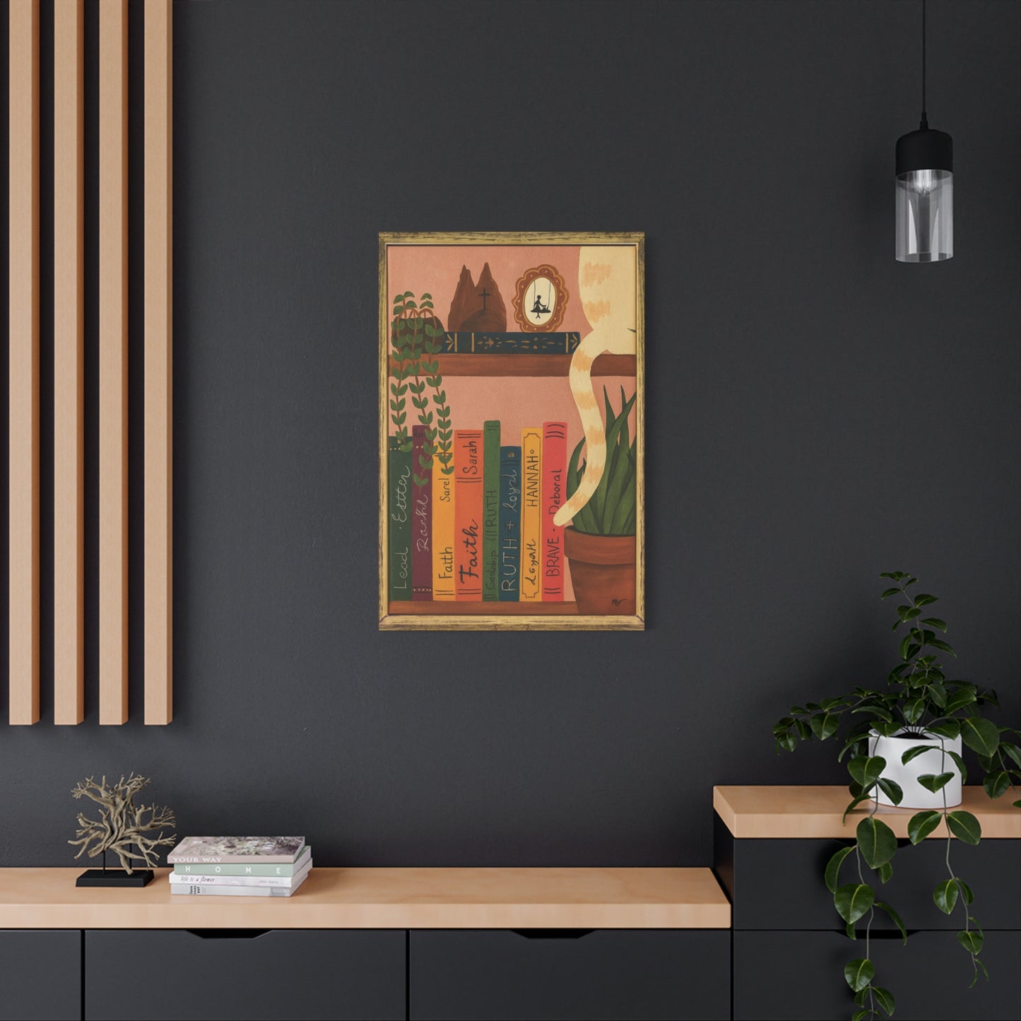 Canvas Wall Art - Cat on a Bookshelf Painting Faith Women in the Bible - Bookshelf Art, Cat Art, Cat Decor