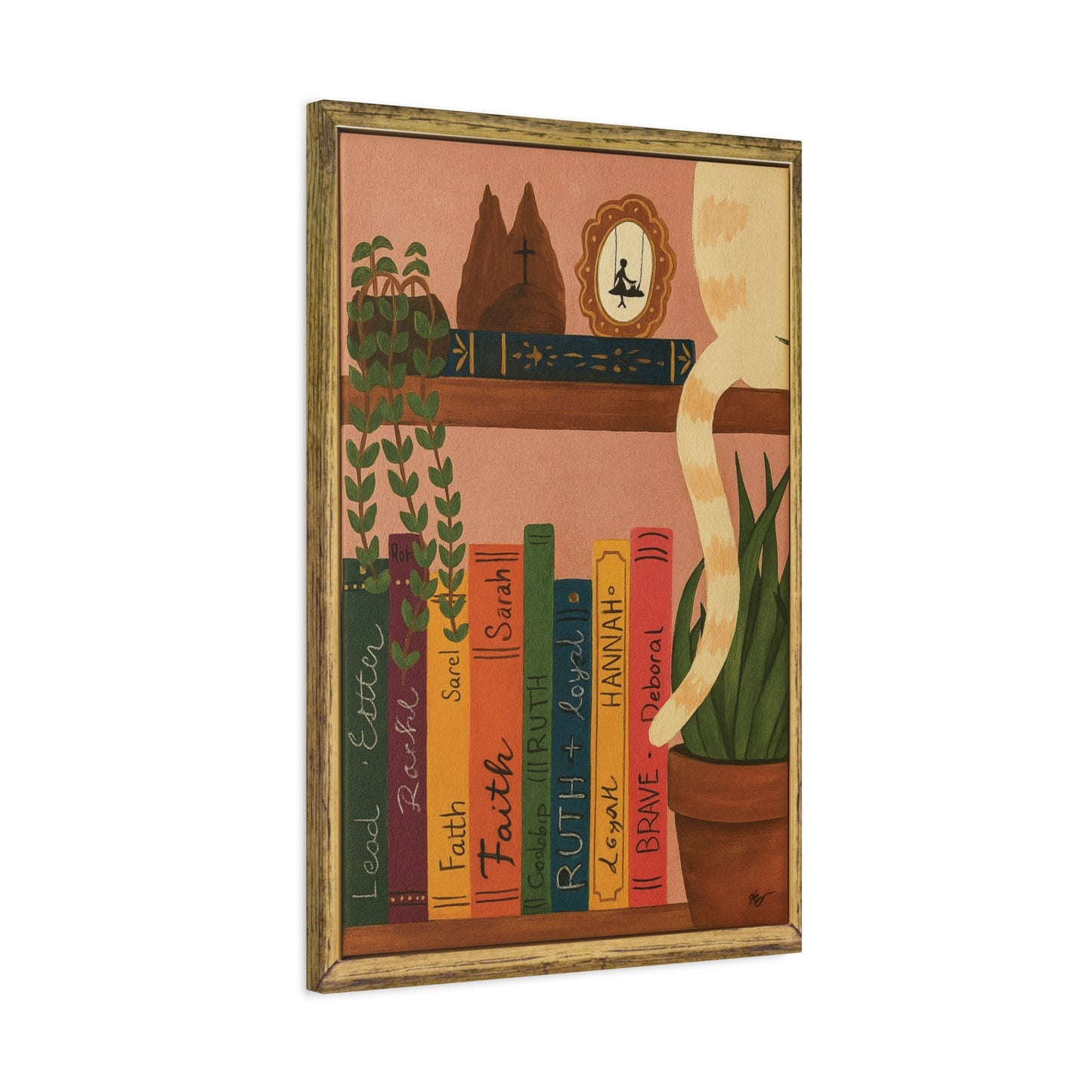 Canvas Wall Art - Cat on a Bookshelf Painting Faith Women in the Bible - Bookshelf Art, Cat Art, Cat Decor