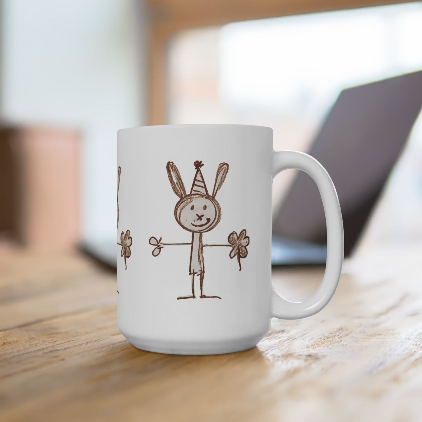 Childlike Bunny Mug, Adorable Rabbit Cup, Playful Animal Coffee Mug, Cute Bunny Tea Mug, Whimsical Ceramic Mug - Animal Mug, Brown Crayon Drawing, Bunny Mug