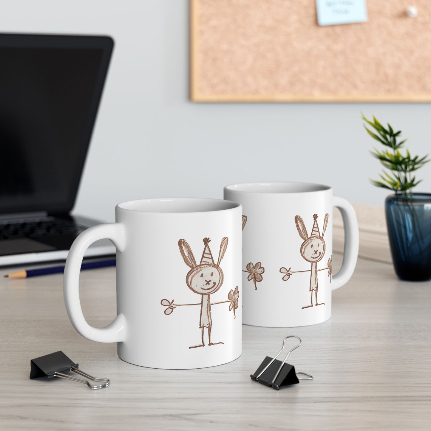 Childlike Bunny Mug, Adorable Rabbit Cup, Playful Animal Coffee Mug, Cute Bunny Tea Mug, Whimsical Ceramic Mug - Animal Mug, Brown Crayon Drawing, Bunny Mug