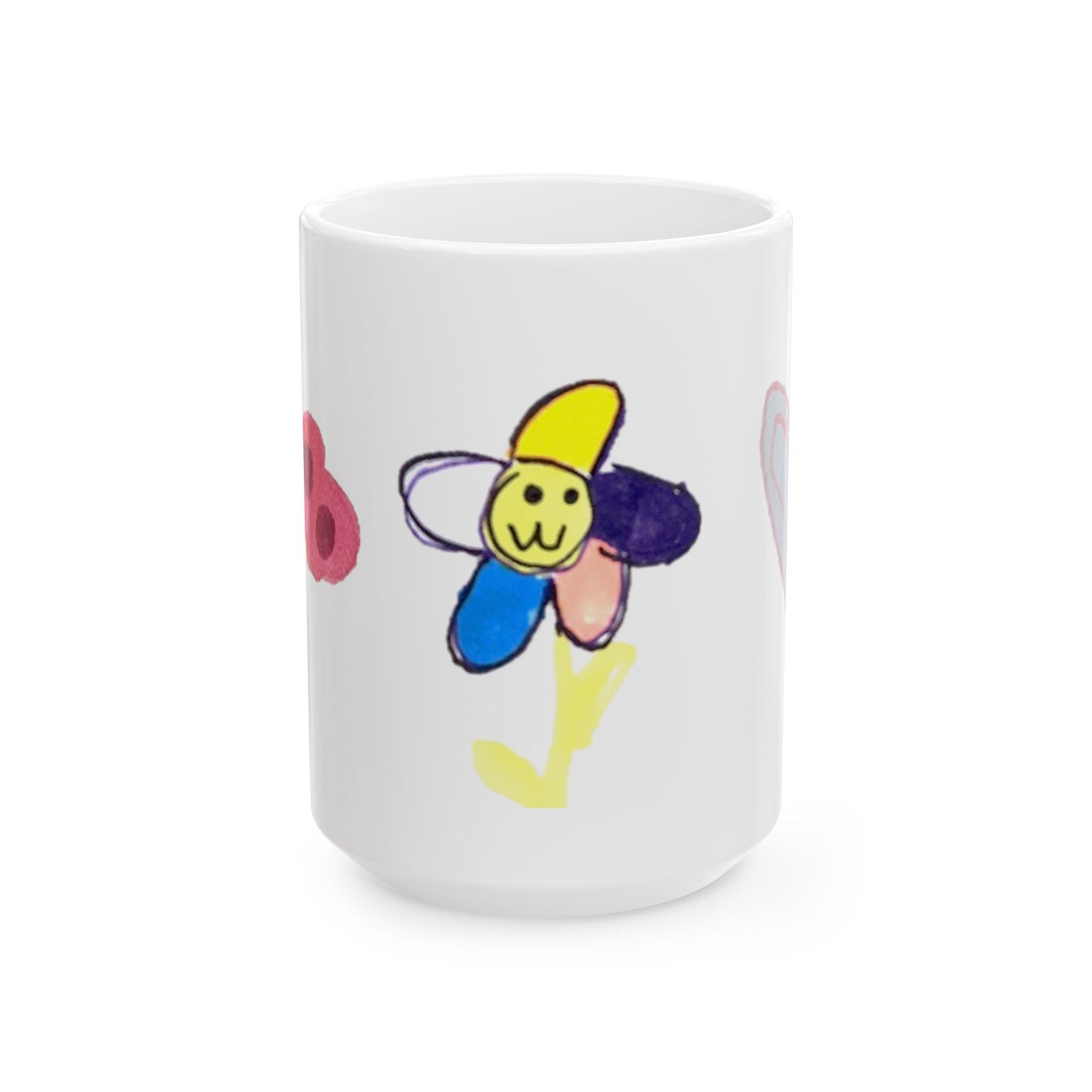Mug - Whimsical Flower Heart Butterfly Drawn by 5 Year Old Girl - 5 Year Old Art, Adorable Ceramics, Butterfly Design