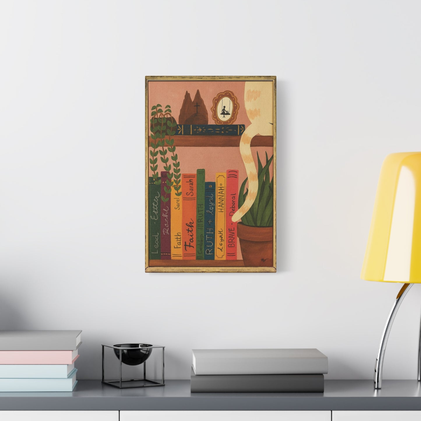Canvas Wall Art - Cat on a Bookshelf Painting Faith Women in the Bible - Bookshelf Art, Cat Art, Cat Decor