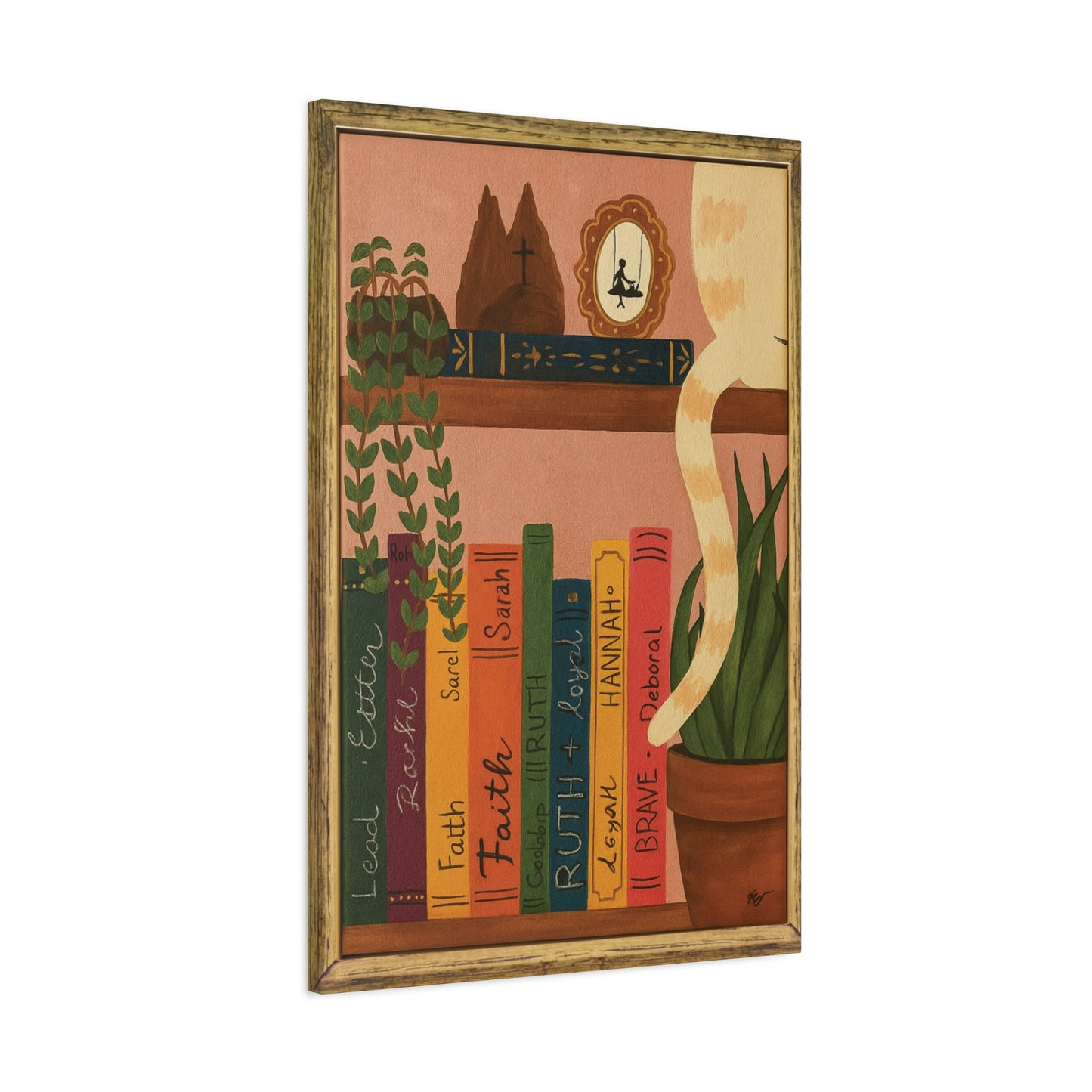 Canvas Wall Art - Cat on a Bookshelf Painting Faith Women in the Bible - Bookshelf Art, Cat Art, Cat Decor