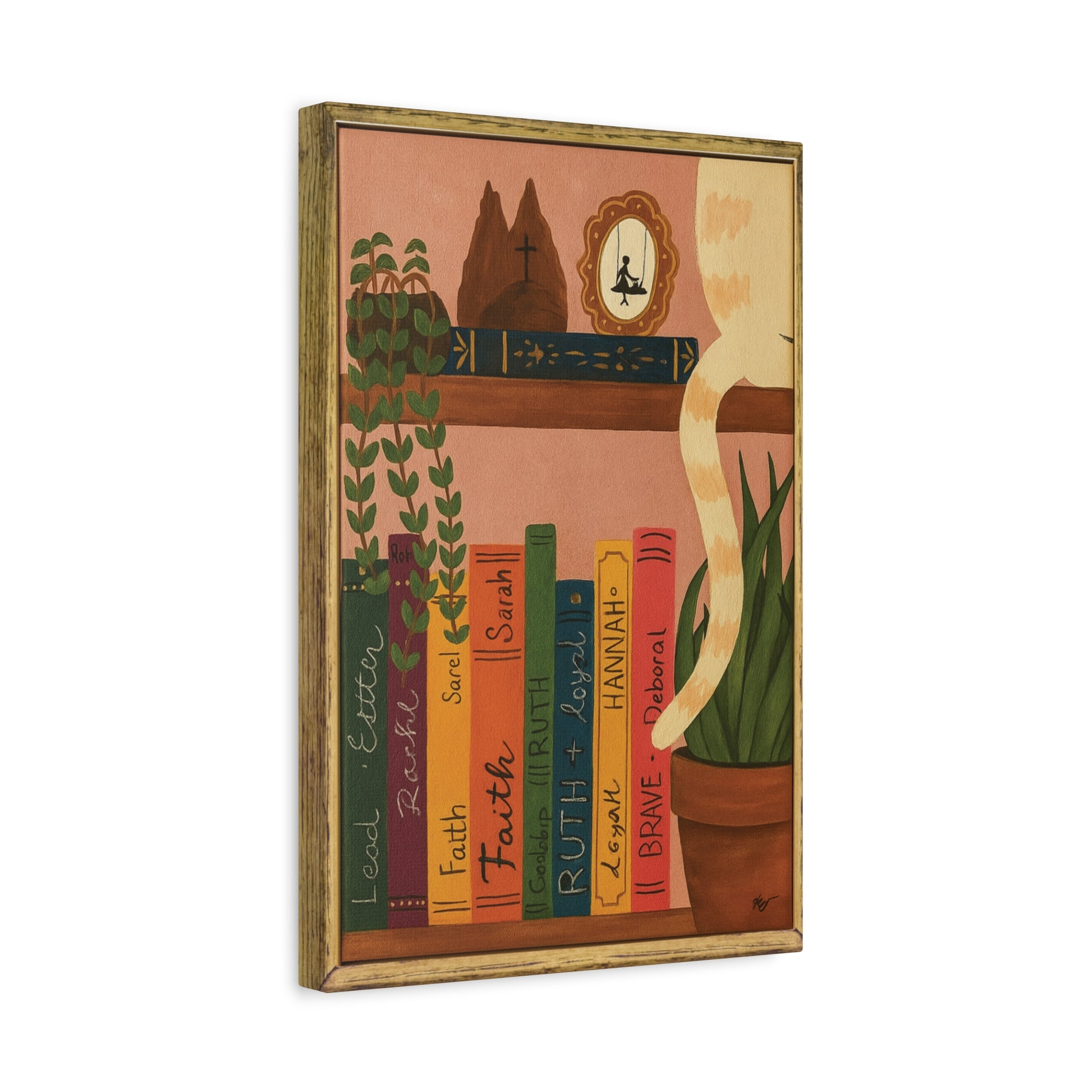 Canvas Wall Art - Cat on a Bookshelf Painting Faith Women in the Bible - Bookshelf Art, Cat Art, Cat Decor