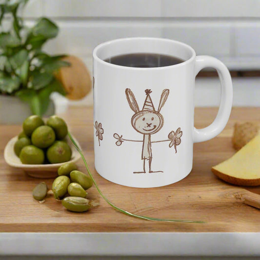 Childlike Bunny Mug, Adorable Rabbit Cup, Playful Animal Coffee Mug, Cute Bunny Tea Mug, Whimsical Ceramic Mug