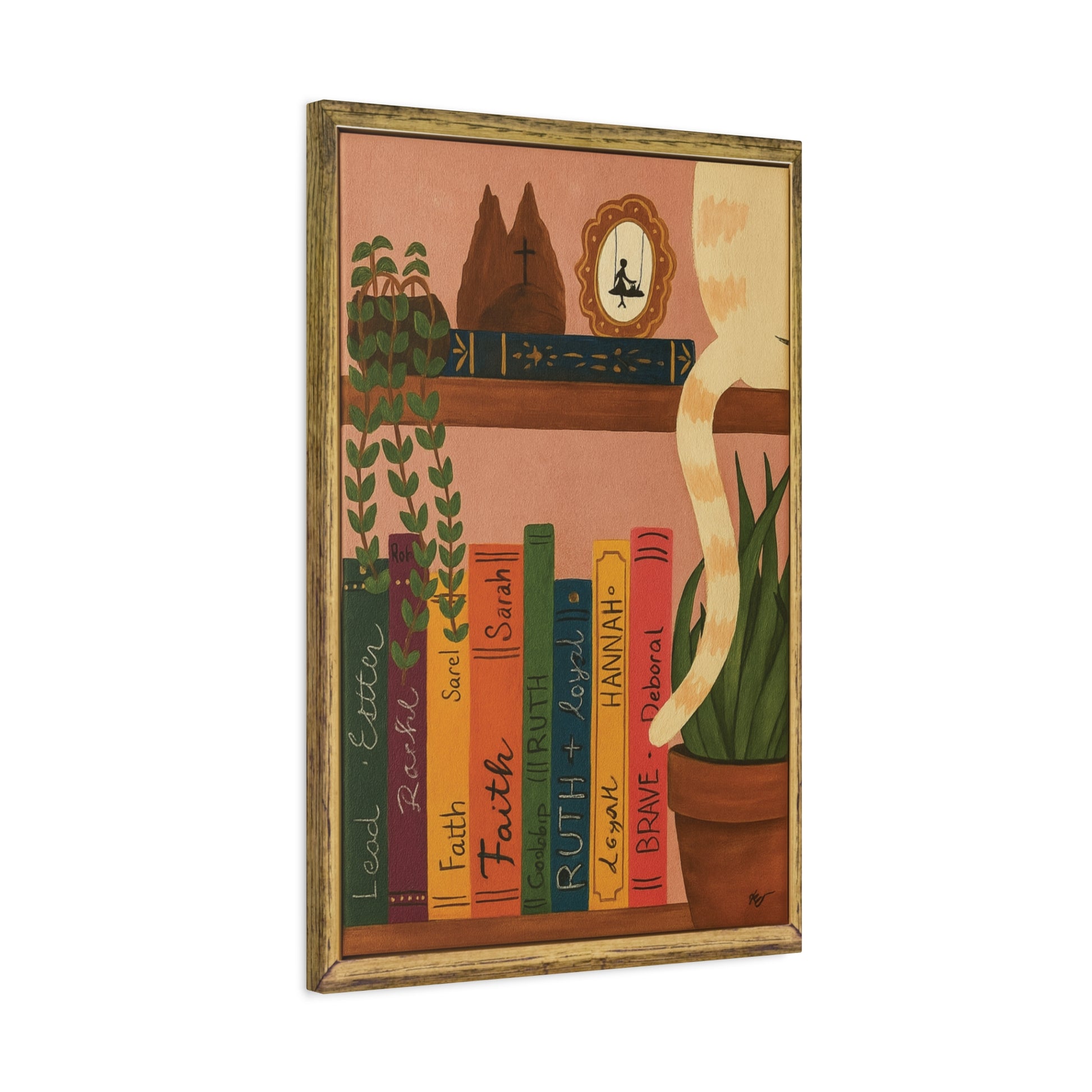 Canvas Wall Art - Cat on a Bookshelf Painting Faith Women in the Bible - Bookshelf Art, Cat Art, Cat Decor