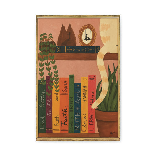 Canvas Wall Art - Cat on a Bookshelf Painting Faith Women in the Bible - Bookshelf Art, Cat Art, Cat Decor
